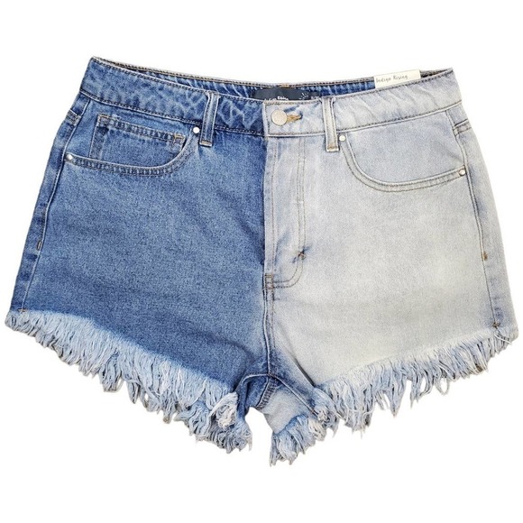 Indigo Rising High Rise Denim Color Block Cut Off Raw Frayed Hem Shorts Size 30 - Picture 1 of 10